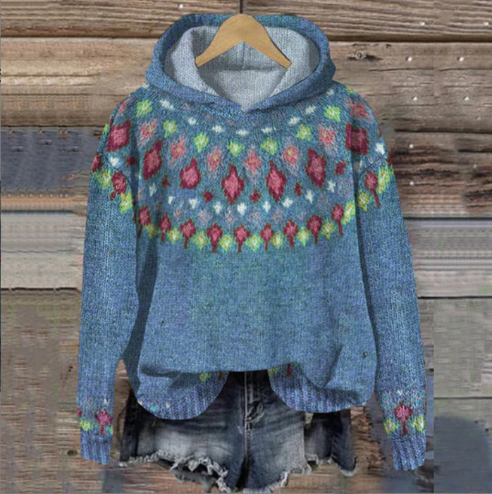 SOLRA™ | PULL À CAPUCHE EN MAILLE RÉTRO MULTICOLORE :